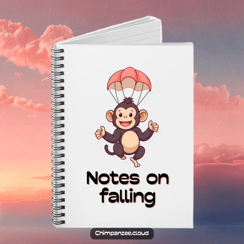 Funny notebook cover with a playful chimpanzee character floating down using a small parachute. Ideal for journaling and sketching.