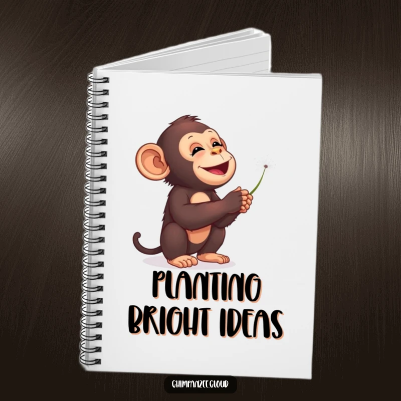 Funny chimpanzee notebook, blowing dandelion seeds into starry sky, whimsical space journal, creative writing.