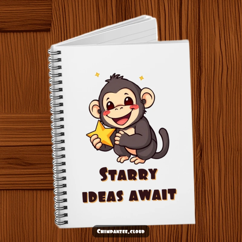 Funny notebook featuring a smiling chimpanzee with wide eyes, holding a star, ideal for journaling inspired thoughts and happy ideas.