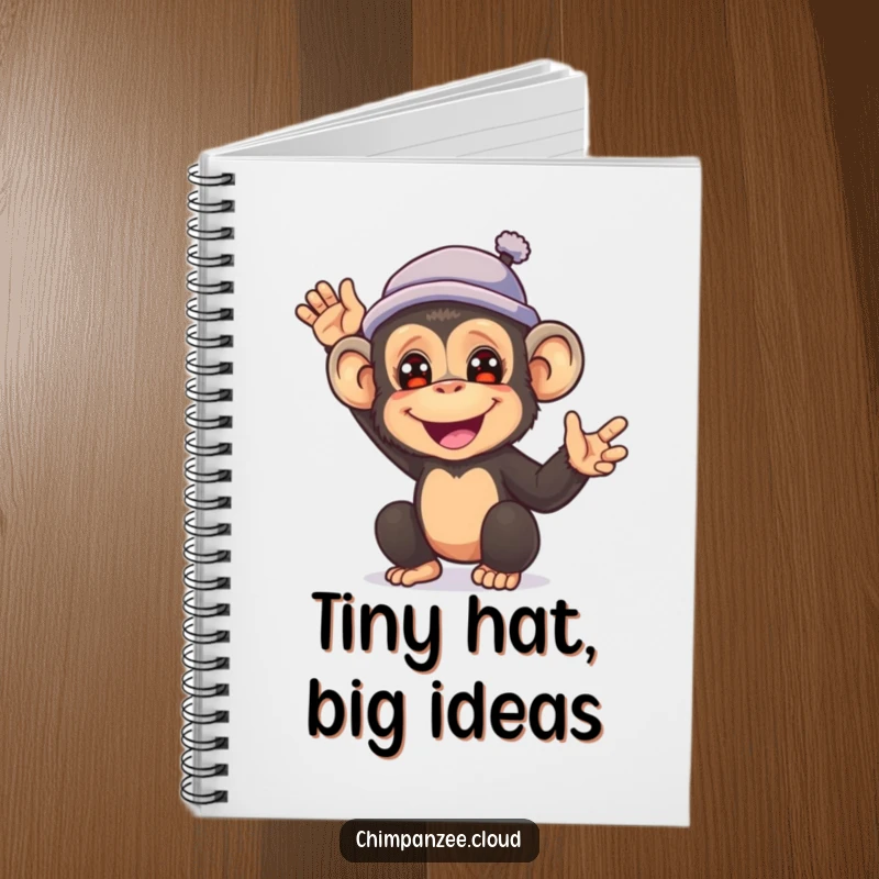 Funny notebook cover illustrating a joyful chimpanzee wearing a small hat and waving hello.