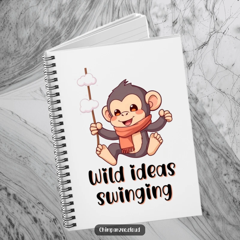 Funny notebook featuring a playful chimpanzee in a scarf, swinging from cloud wisps, ideal for journaling creative and whimsical thoughts.