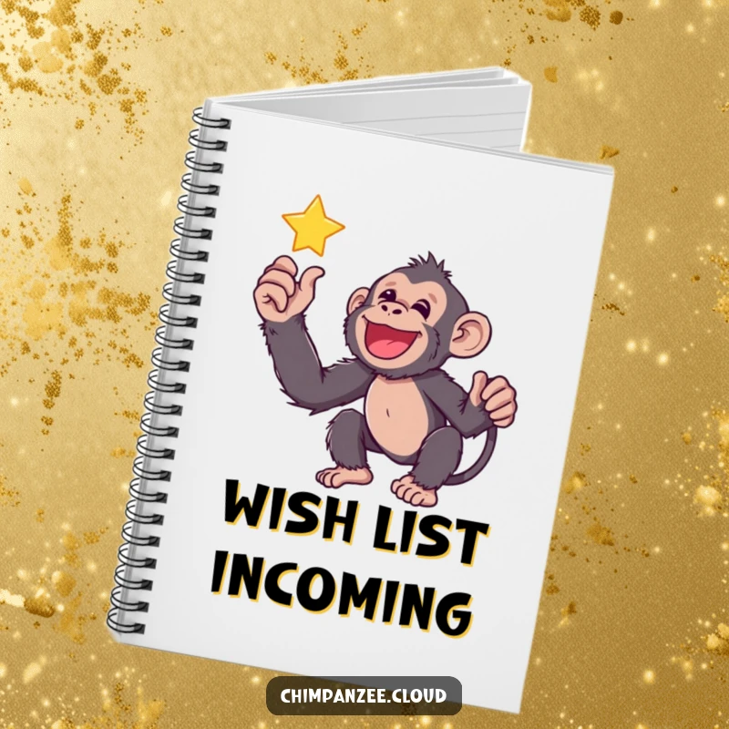 Funny chimp reaching for a twinkling star, holding an open notebook, ready to document ambitious plans.