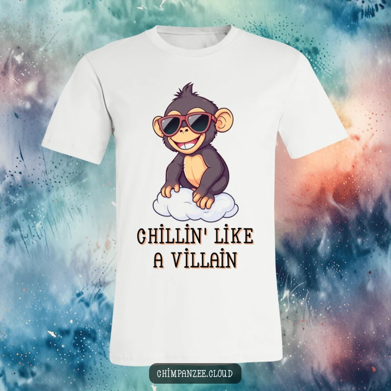 Funny chimp wearing sunglasses, balancing effortlessly on a cloud, exuding cool confidence, bringing smiles all around.