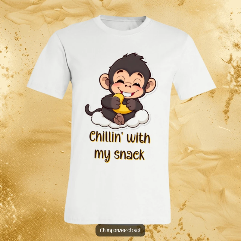 Funny chimp t-shirt showing a grinning chimpanzee with a banana, relaxed on a cloud, a top funny gift.