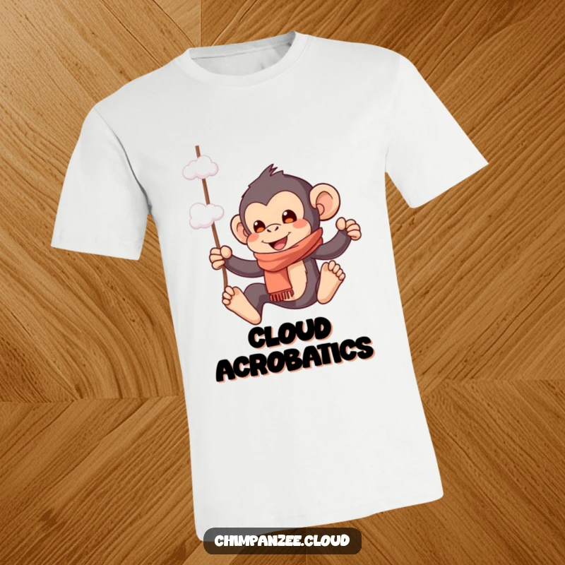 Funny T-Shirt featuring a playful chimpanzee in a scarf, swinging from cloud wisps, embodying a sense of lighthearted fun and freedom.