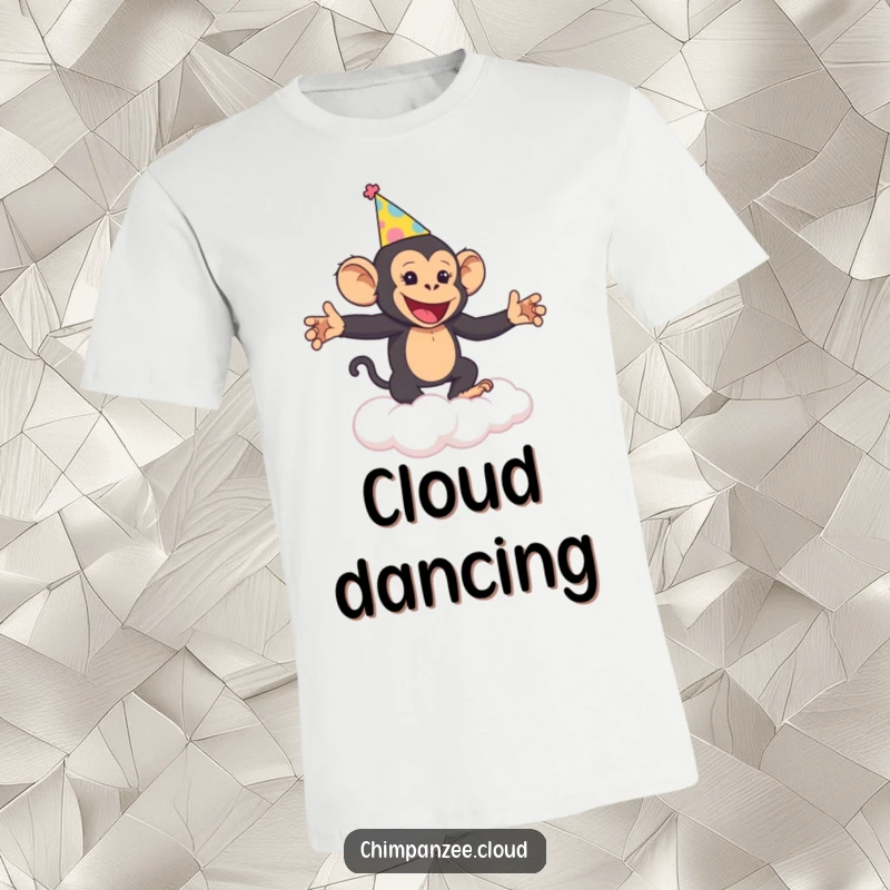 Funny Chimp Party Dance T-Shirt: A cheerful chimpanzee in a party hat dances gleefully on a fluffy cloud, full of energy.