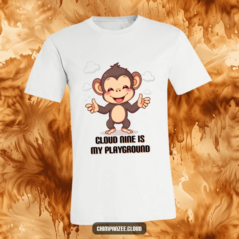 Funny chimp t-shirt featuring a cheerful chimpanzee skillfully juggling small, fluffy white clouds.