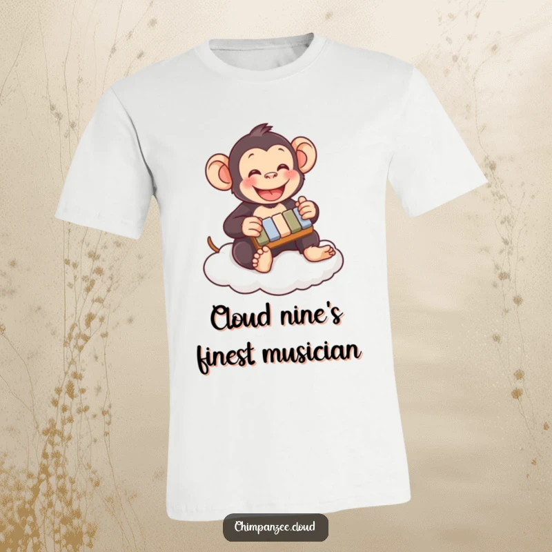 Funny chimpanzee t-shirt playing a tiny xylophone on a cloud, illustrating happiness and musical fun, ideal for a humorous gift.