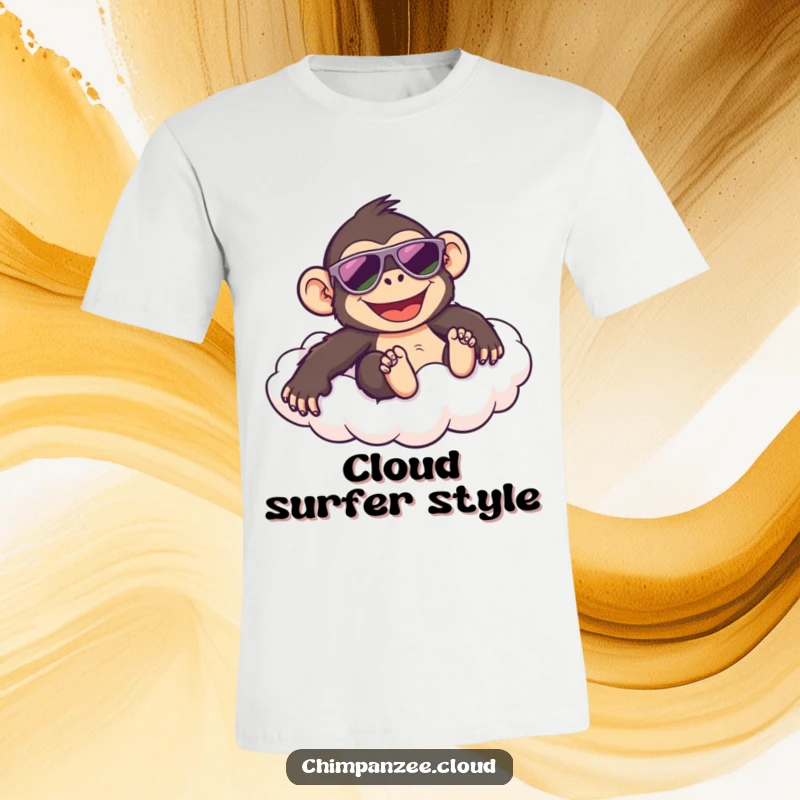 Funny T-Shirt depicting a happy chimpanzee in sunglasses, having a blast sliding down a fluffy cloud, perfect for summer fun.