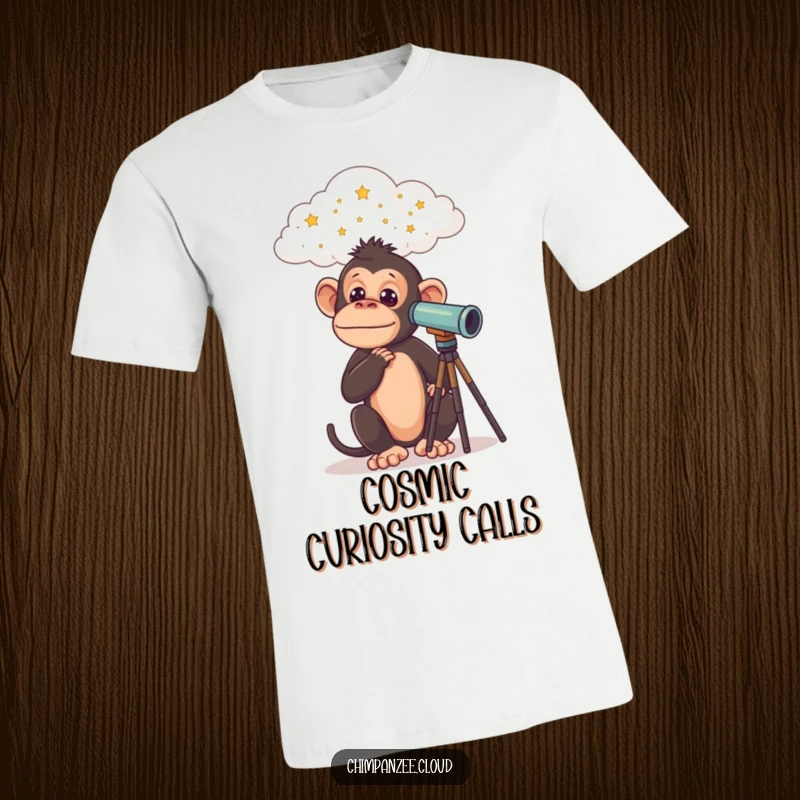Funny Chimp T-Shirt: Curious chimpanzee wearing a telescope, gazing at stars from a cloud, embodying wonder, a funny gift.
