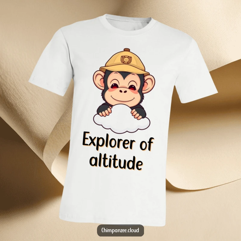 Funny T-Shirt with a cute chimpanzee wearing an explorer hat, peeking over a cloud, embodying a sense of wonder and fun.