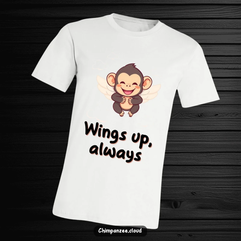 Funny chimpanzee with wings, smiling, soaring gracefully between clouds, whimsical and light.