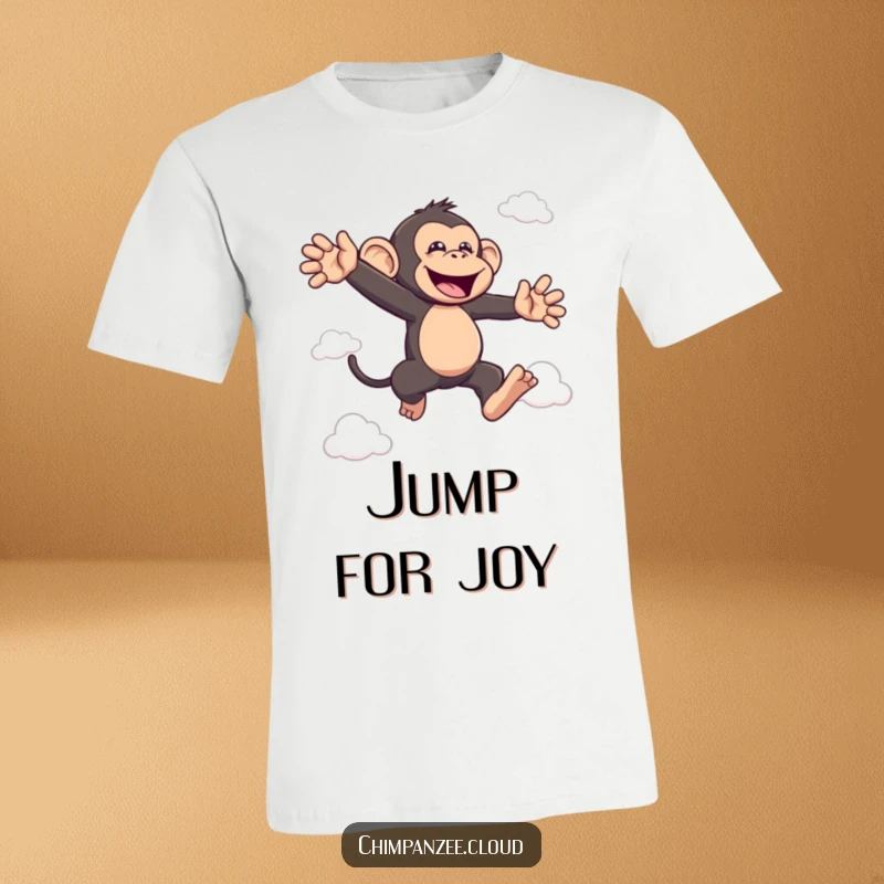 Funny bouncing chimp t-shirt showing a joyful chimpanzee leaping between clouds, a fun funny gift idea.