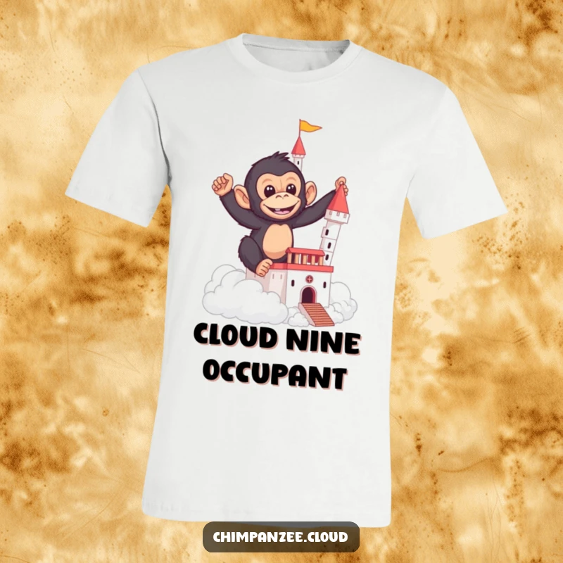 Funny t-shirt graphic of a mischievous chimpanzee busily building a castle formation using soft, white clouds.