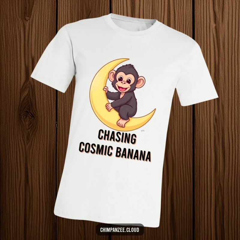 Funny chimp t-shirt featuring a cute chimpanzee character happily riding a crescent moon across the night sky.