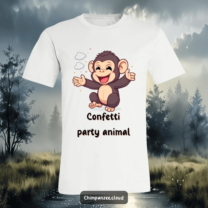 Funny Chimp T-Shirt: Ecstatic chimpanzee cheering, showering confetti, embodying pure joy and celebration, a funny gift.