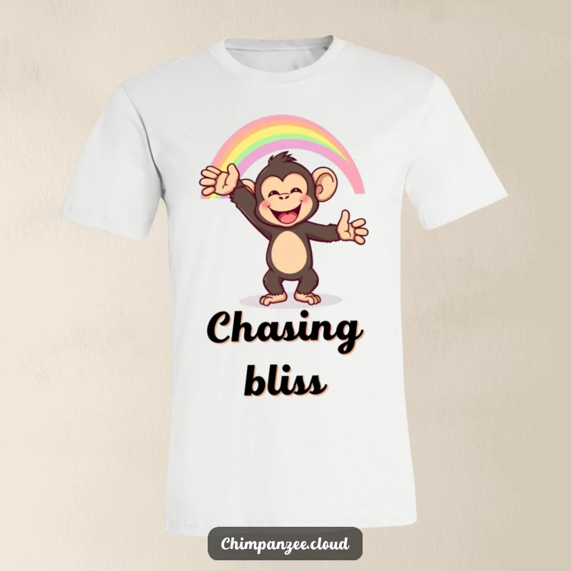 Funny chimpanzee reaching for a rainbow, conveying pure joy and aspiration, great funny t-shirt.