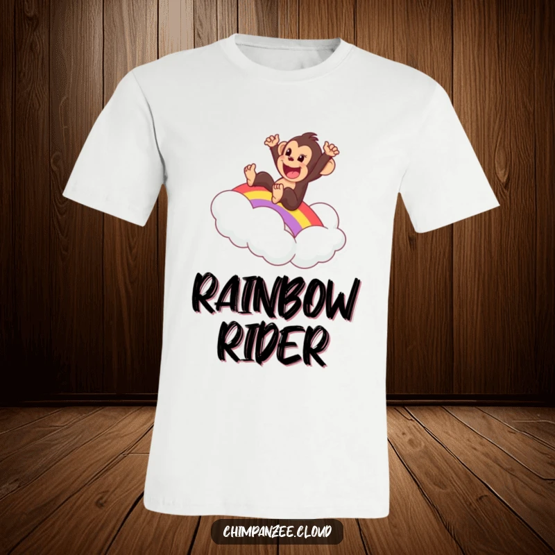 Funny t-shirt showing an excited chimpanzee sliding down a bright rainbow, landing on a fluffy cloud, a whimsical design.