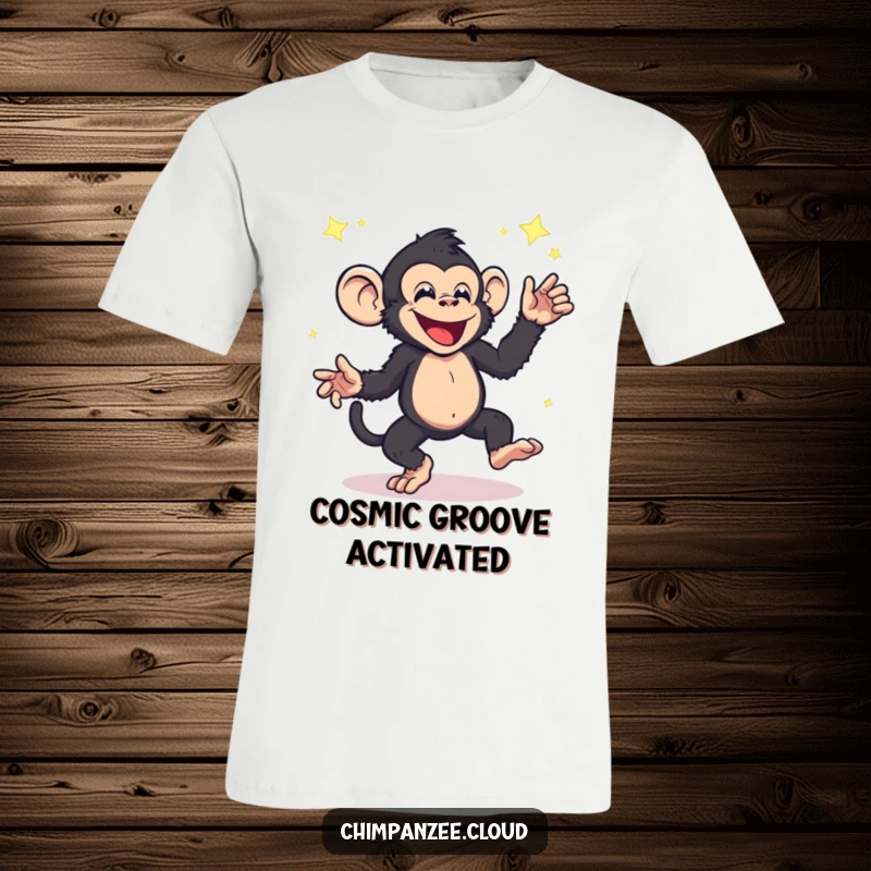 Funny energetic chimpanzee t-shirt, character dancing joyfully with floating star dust, expressing pure, unadulterated fun.