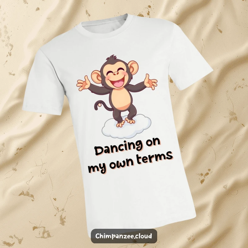 Funny chimpanzee gleefully dancing on a cloud, a vibrant design expressing pure joy and exuberance, a funny tee.