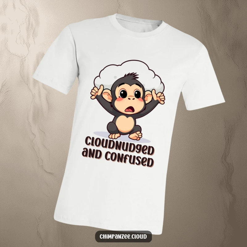 Funny surprised chimpanzee t-shirt being gently pushed by a cloud, showcasing a humorous moment of unexpected movement and delight.