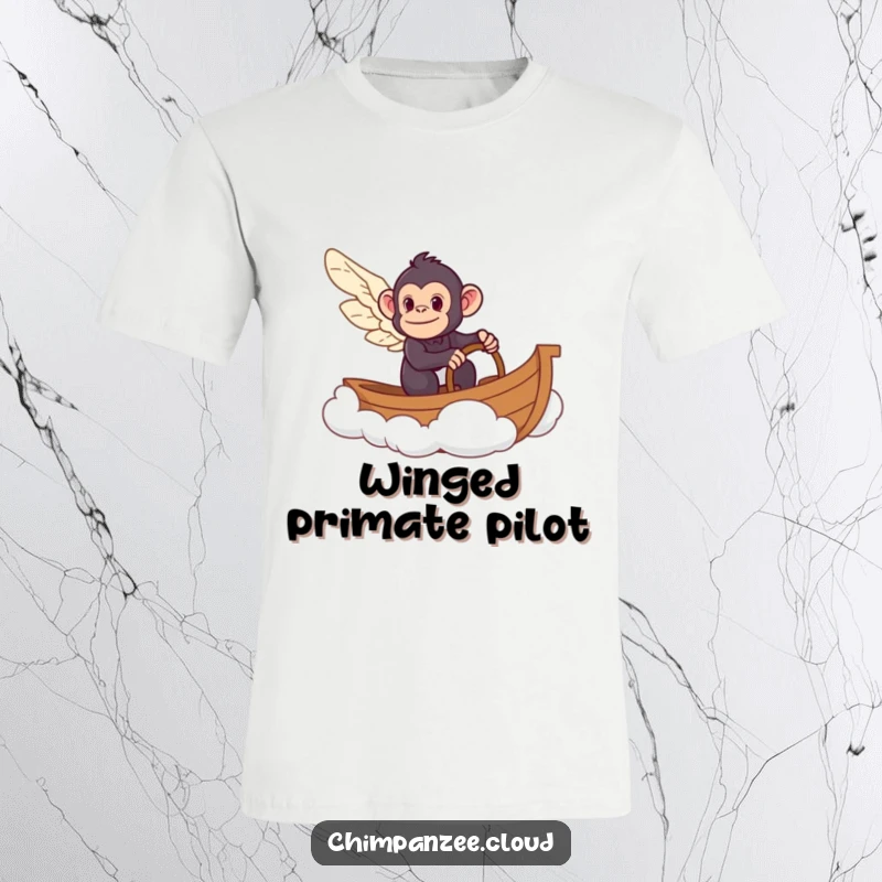 Funny winged chimpanzee captaining a boat made of clouds, soaring through the sky, conveying a sense of fun and adventure.