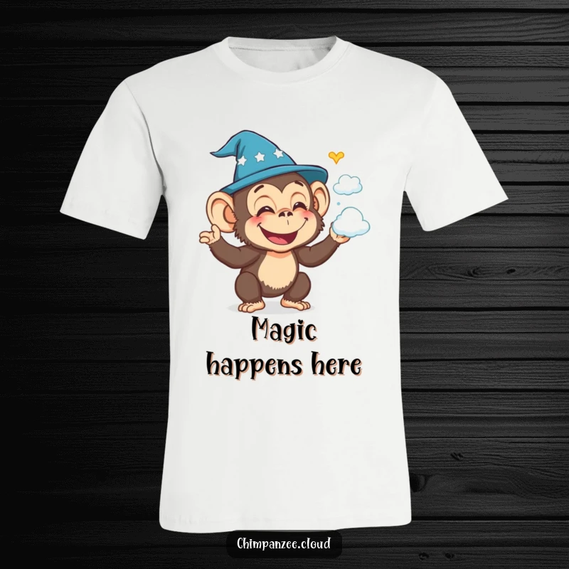 Funny chimpanzee in a wizard hat, conjuring cloud shapes, joyful and magical, perfect for magic lovers.