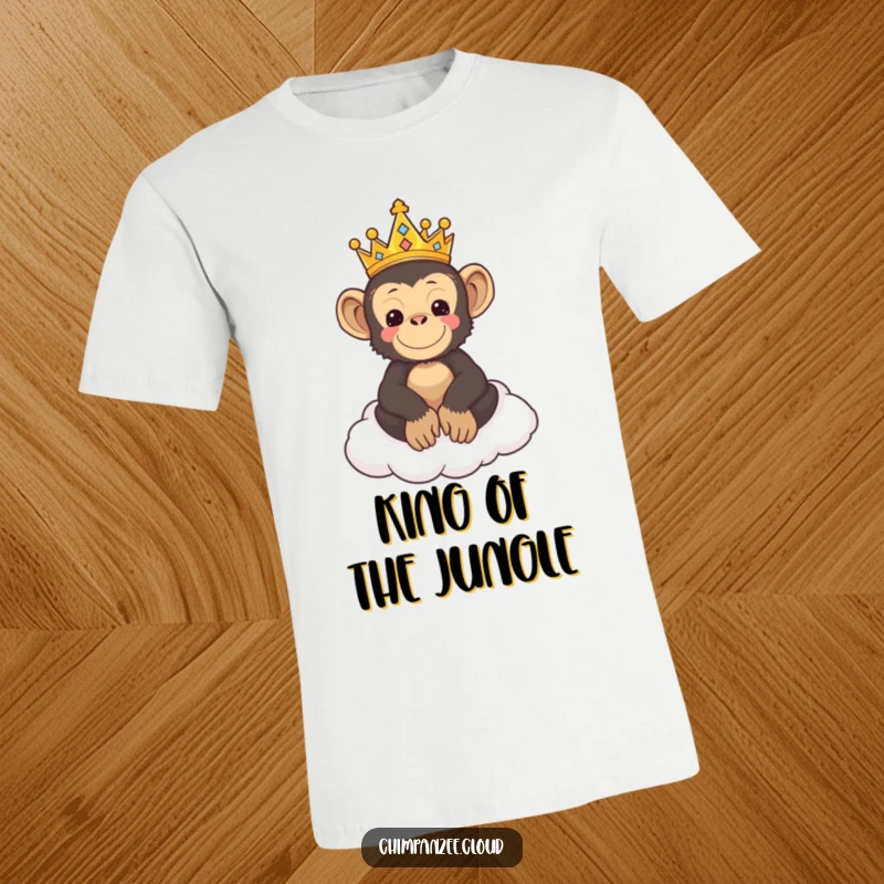 Funny t-shirt showcasing a cute chimpanzee with a tiny crown, perched majestically on a cloud throne.