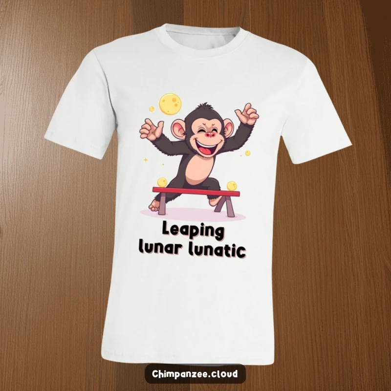 Funny chimpanzee t-shirt, playing leapfrog with small moons, space humor, cheerful primate design.