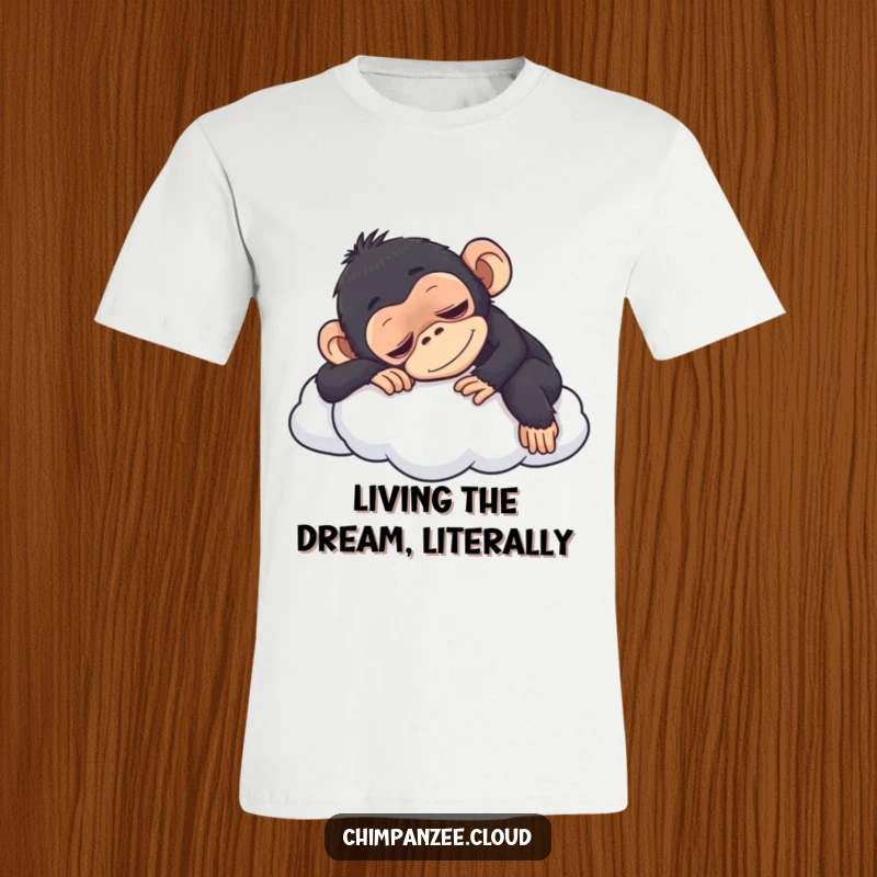 Funny chimpanzee napping soundly on a soft cloud, expressing pure laziness and comfort, a hilarious t-shirt for relaxation.