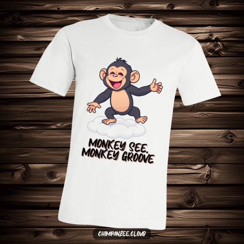 Funny T-Shirt: A ecstatic chimpanzee performing a jubilant dance on a cloud, showcasing uncontainable happiness and a fun spirit.