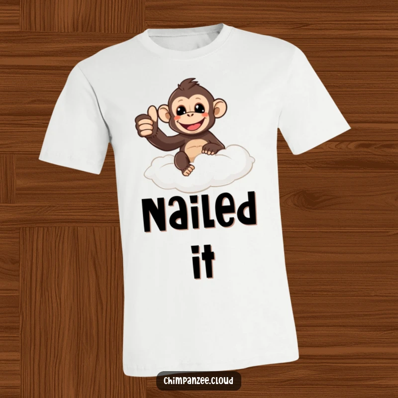 Funny chimpanzee character giving a thumbs up from a fluffy cloud, printed on a t-shirt to spread positivity and humor.