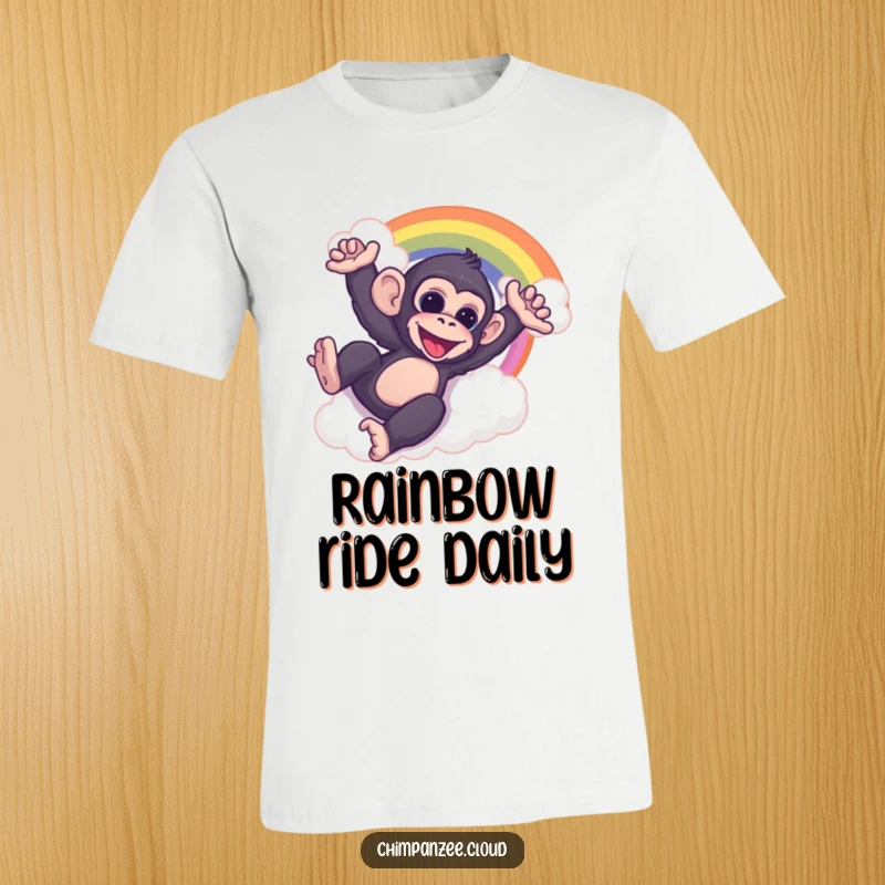 Funny chimp gleefully sliding down a fluffy cloud rainbow, radiating pure, unadulterated happiness and adventure.