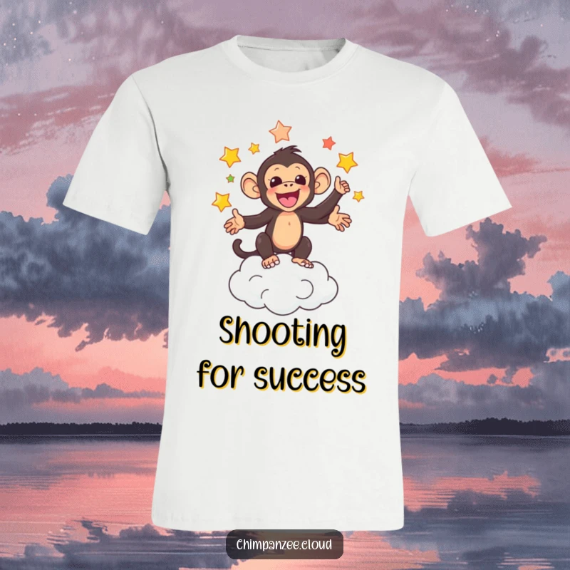 Funny t-shirt featuring an adorable chimpanzee juggling a cascade of colorful stars above a cloud.