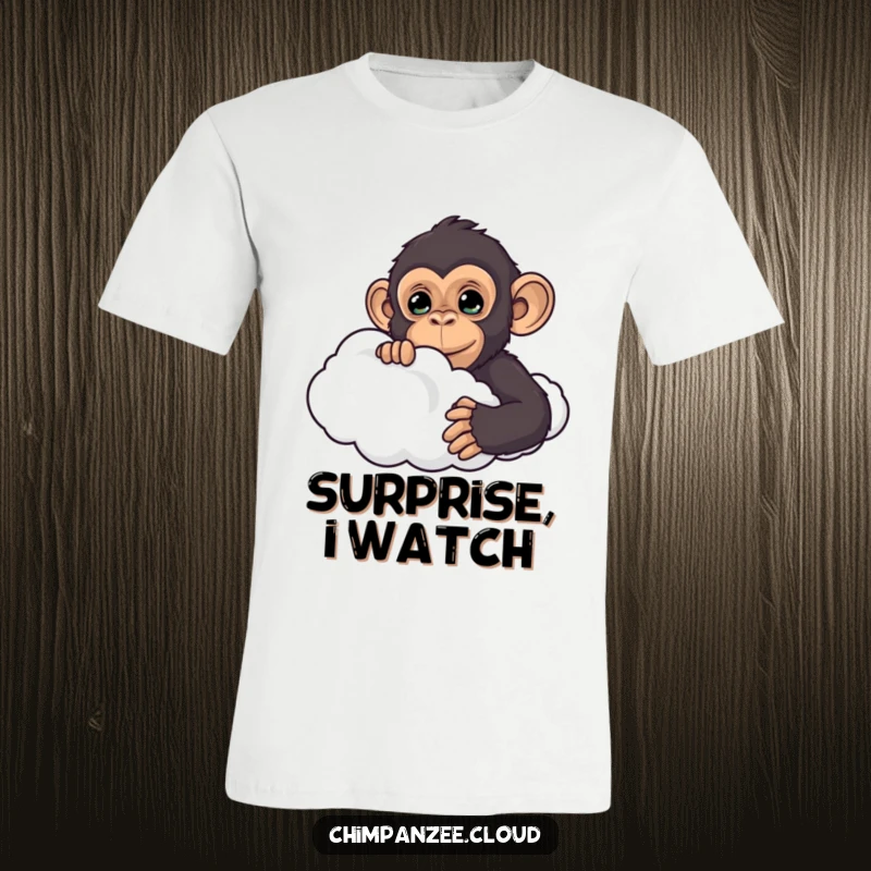 Funny chimpanzee’s face peeking out from behind a fluffy cloud, creating a humorous and engaging t-shirt design.