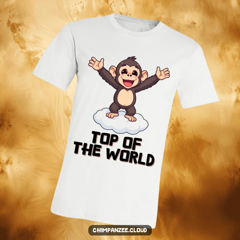 Funny chimpanzee standing triumphantly on a cloud, arms wide open, conveying success, great funny t-shirt.
