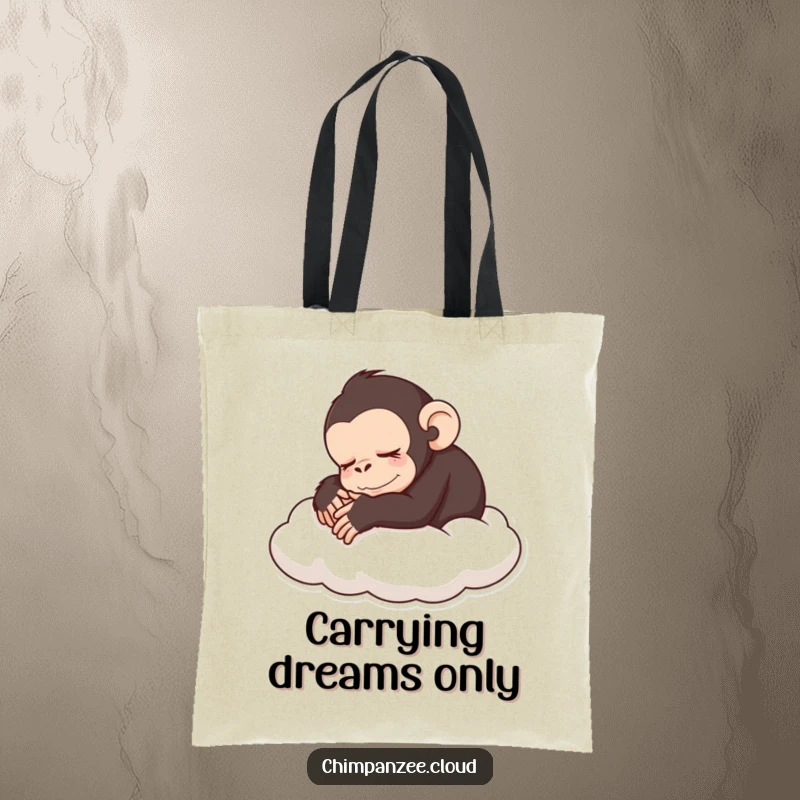 Funny sleeping chimp tote bag depicting a peaceful chimpanzee curled up on a cloud, ideal funny gift.