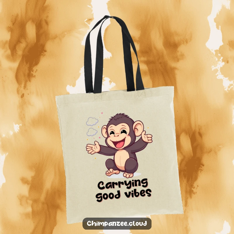 Funny Chimp Tote Bag: Happy chimpanzee cheering with cloud confetti, a vibrant and funny accessory, perfect for carrying joy, a funny gift.
