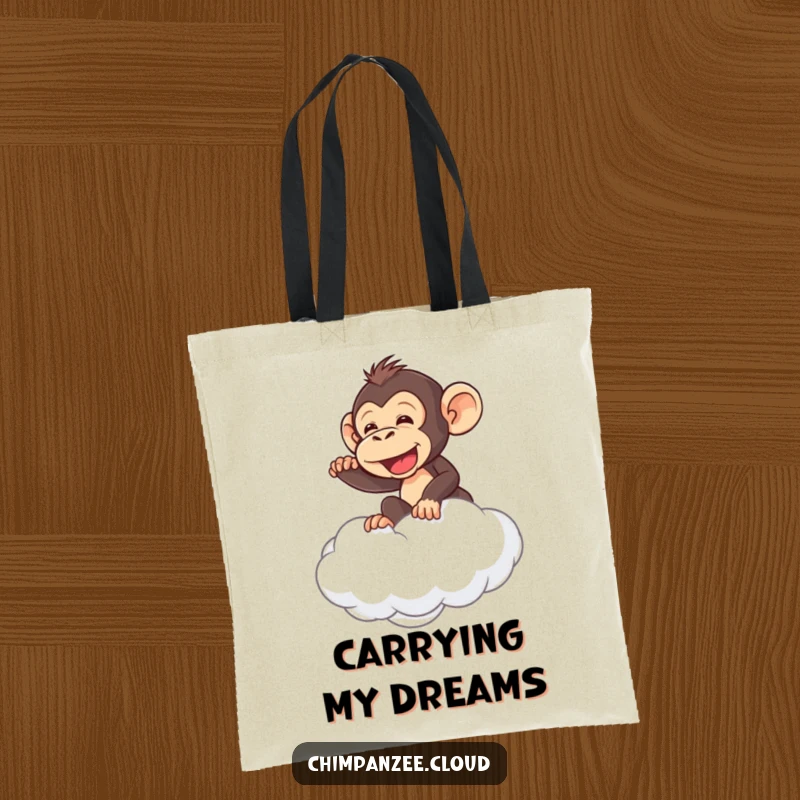 Funny chimpanzee riding a fluffy cloud, demonstrating a funny attempt at adventure, useful tote bag.