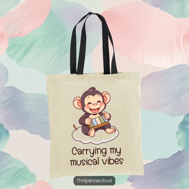 Funny chimpanzee tote bag playing xylophone on a cloud, a whimsical and humorous accessory for carrying items with a smile.
