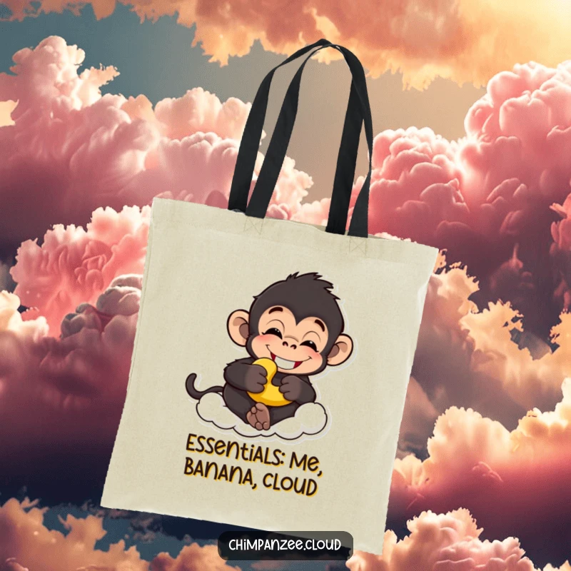 Funny chimp tote bag depicting a grinning chimpanzee with a banana, lounging on a cloud, ideal funny gift.