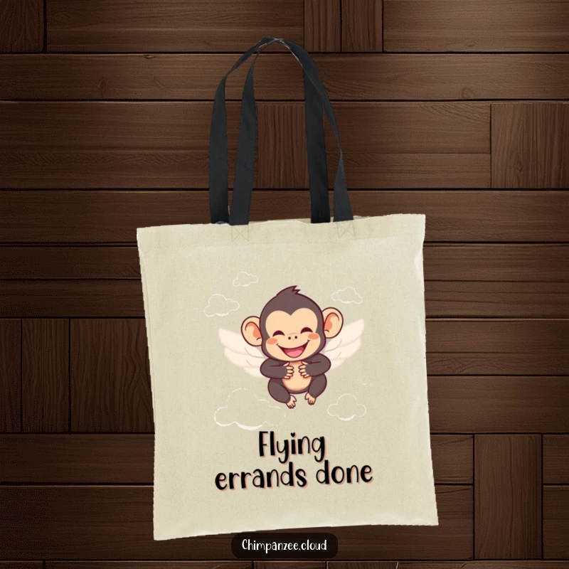 Funny chimpanzee with wings, smiling, soaring between clouds, cute and practical tote bag.