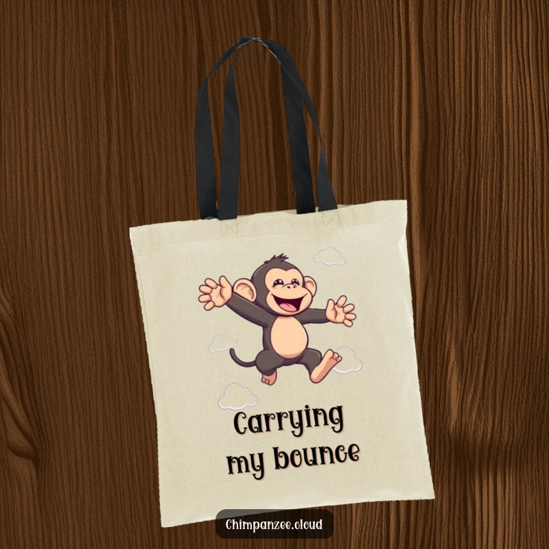 Funny bouncing chimp tote bag depicting a joyful chimpanzee leaping between clouds, ideal funny gift.