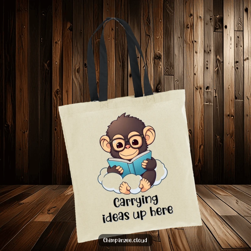 Funny Chimp Book Tote Bag: A fluffy chimpanzee with glasses reads on a cloud, practical and humorous for carrying books.