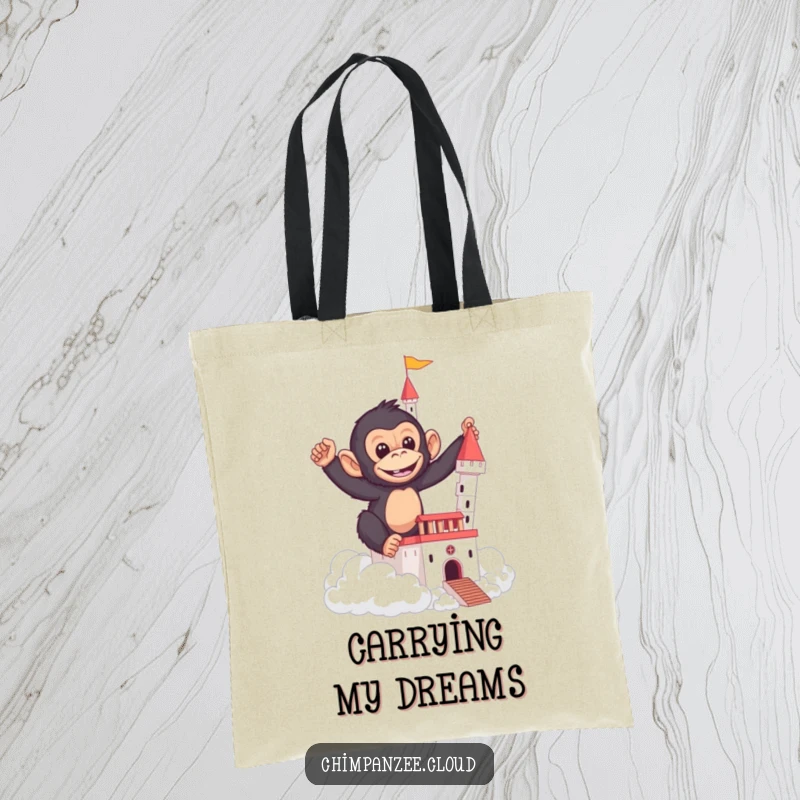 Funny tote bag illustration of a mischievous chimpanzee constructing a castle out of fluffy clouds.