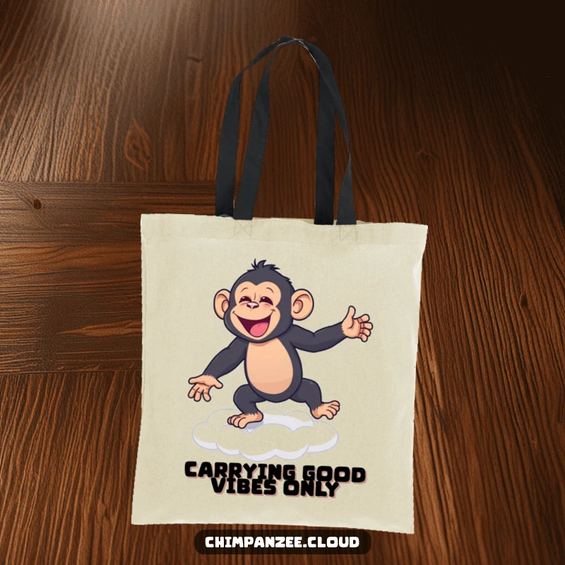 Funny Tote Bag: A gleeful chimpanzee grooving with abandon on a cloud, a symbol of pure, unadulterated happiness.