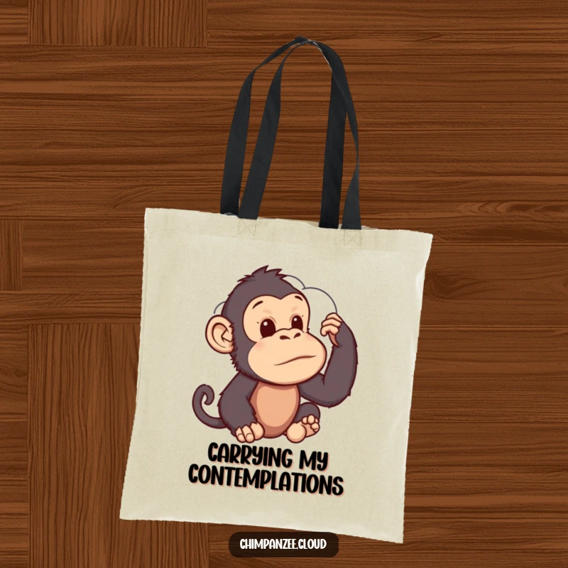 Funny Tote Bag: A chimpanzee lost in thought, observing the whimsical shapes of clouds, a symbol of contemplation.