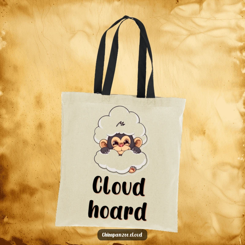 Funny tote bag with a mischievous chimpanzee hiding behind a fluffy cloud, a playful and practical accessory.