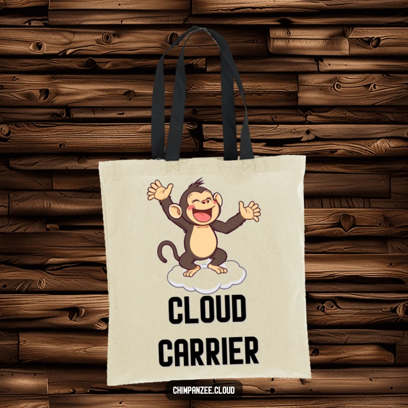 Funny tote bag depicting a joyful chimpanzee dancing on a cloud, ideal for carrying daily items with cheer.