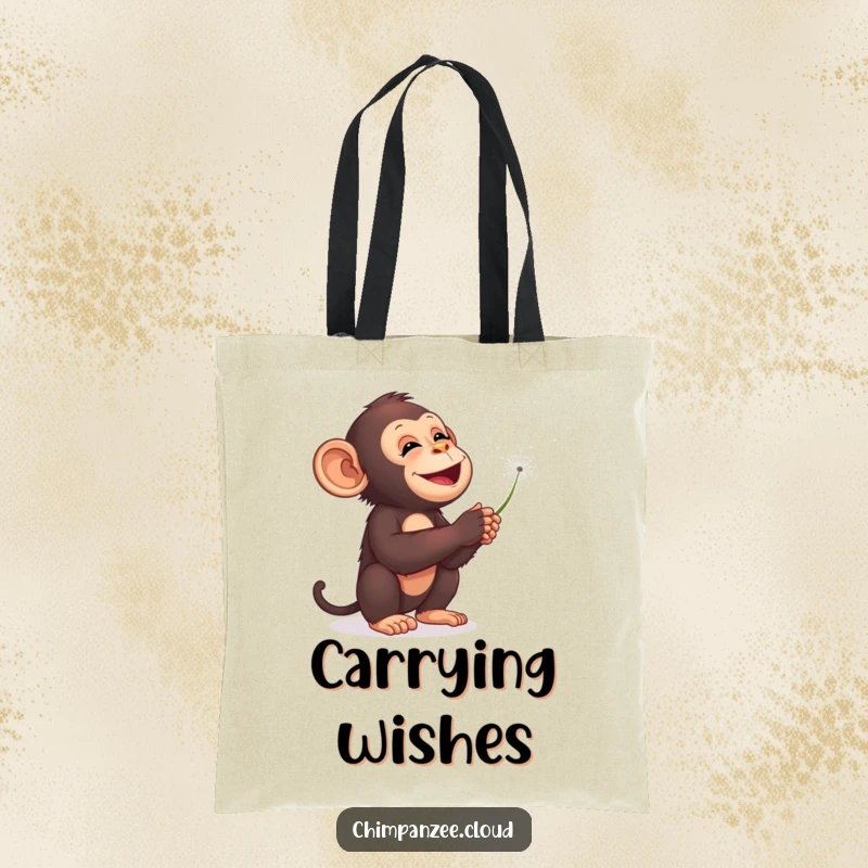 Funny chimpanzee tote bag, blowing dandelion seeds into starry sky, whimsical space art, practical and dreamy.